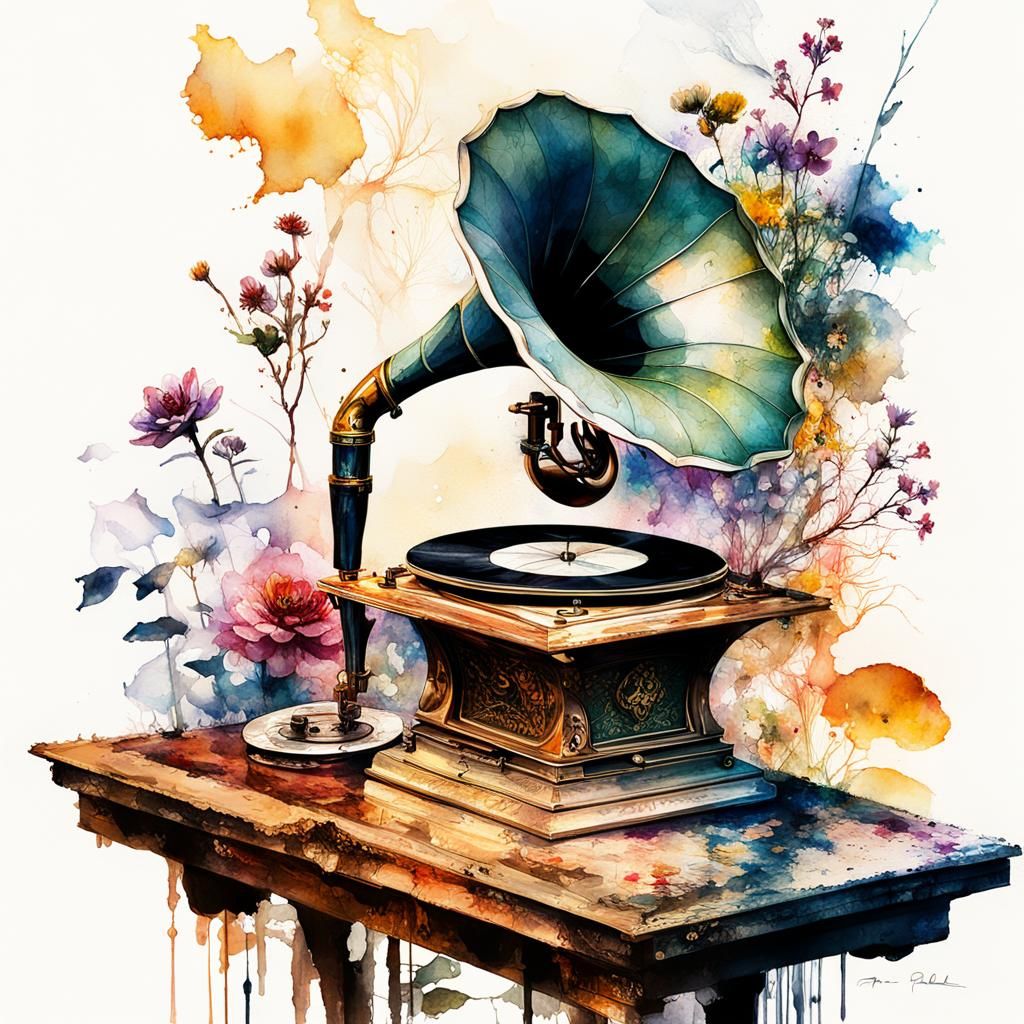 Gramophone and Spring Garden in Watercolor Style