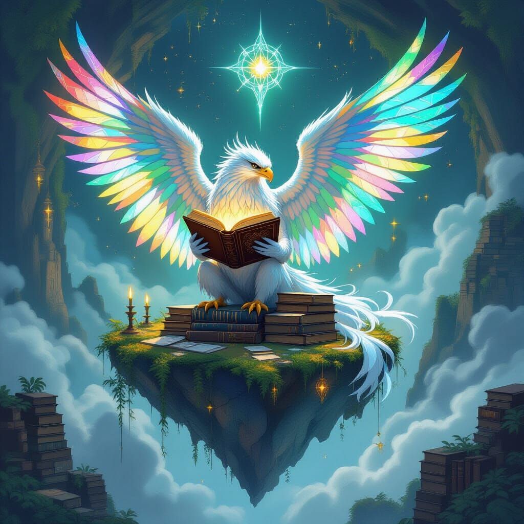 Stained Glass Griffin Reads in Floating Library