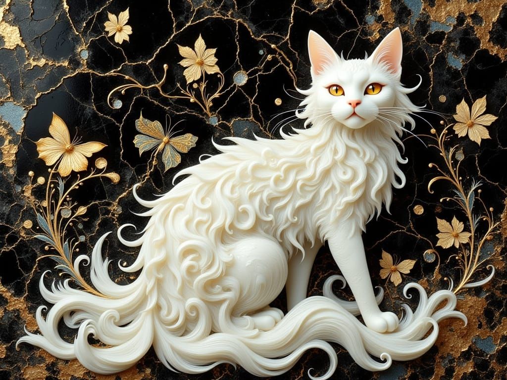 Ethereal Art Nouveau Cat with Cloisonné Accents