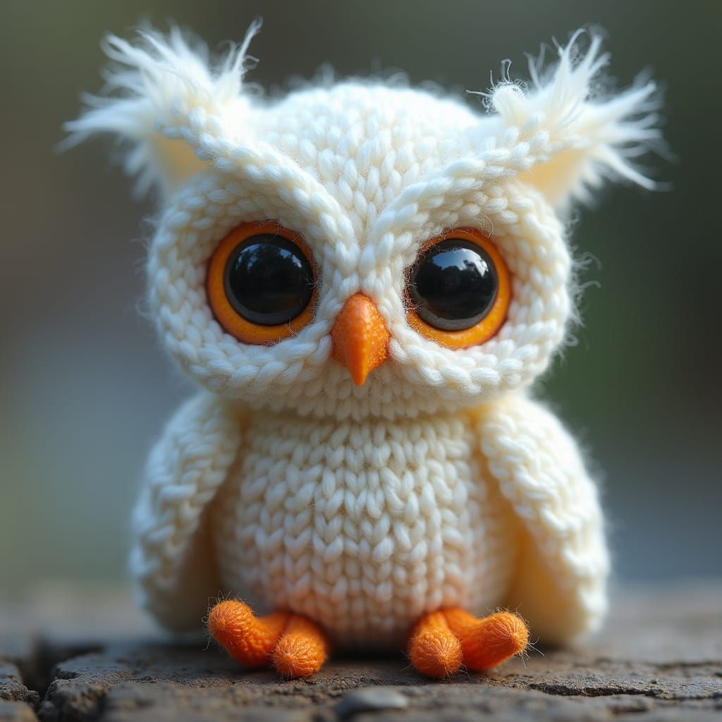 Knitted Yarn Owl Portrait in Chibi Style