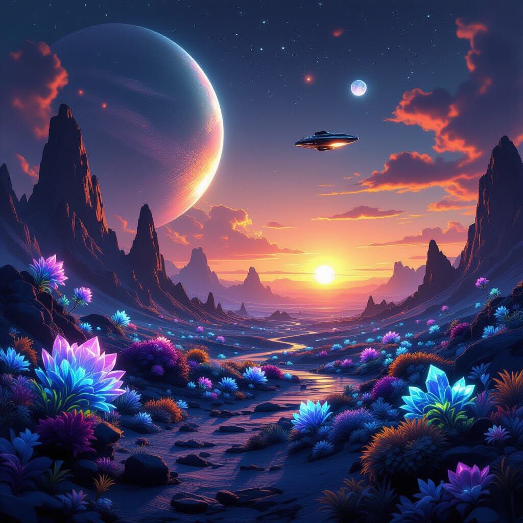 Bioluminescent Alien Planet at Binary Sunset