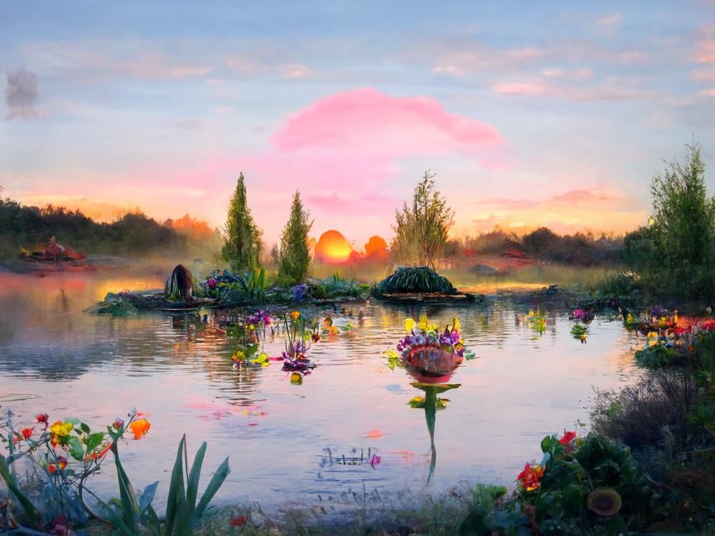Pastel Sunrise Over Lilypad Pond as Impressionist Painting