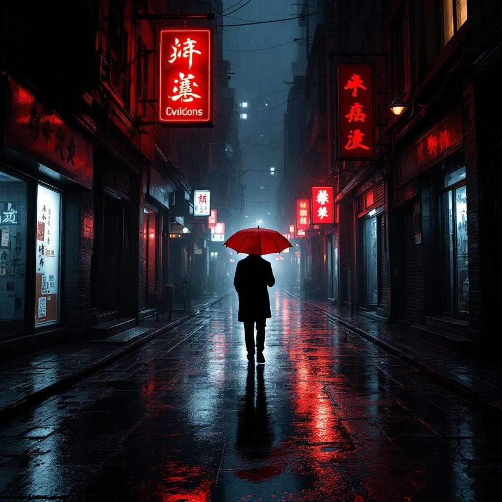 Rainy Alley at Night with Red Umbrella in Noir Style