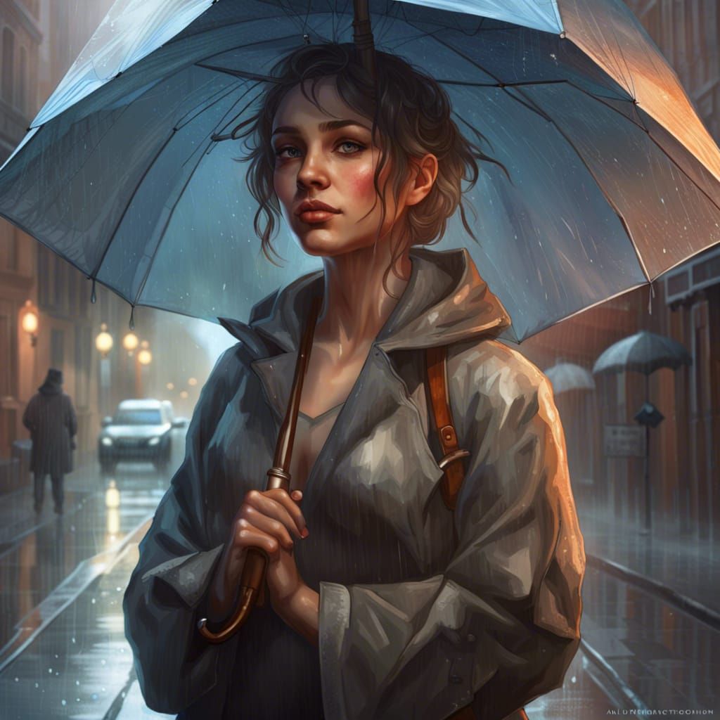 Girl with Umbrella in Rainy City, Expressionist Oil Painting