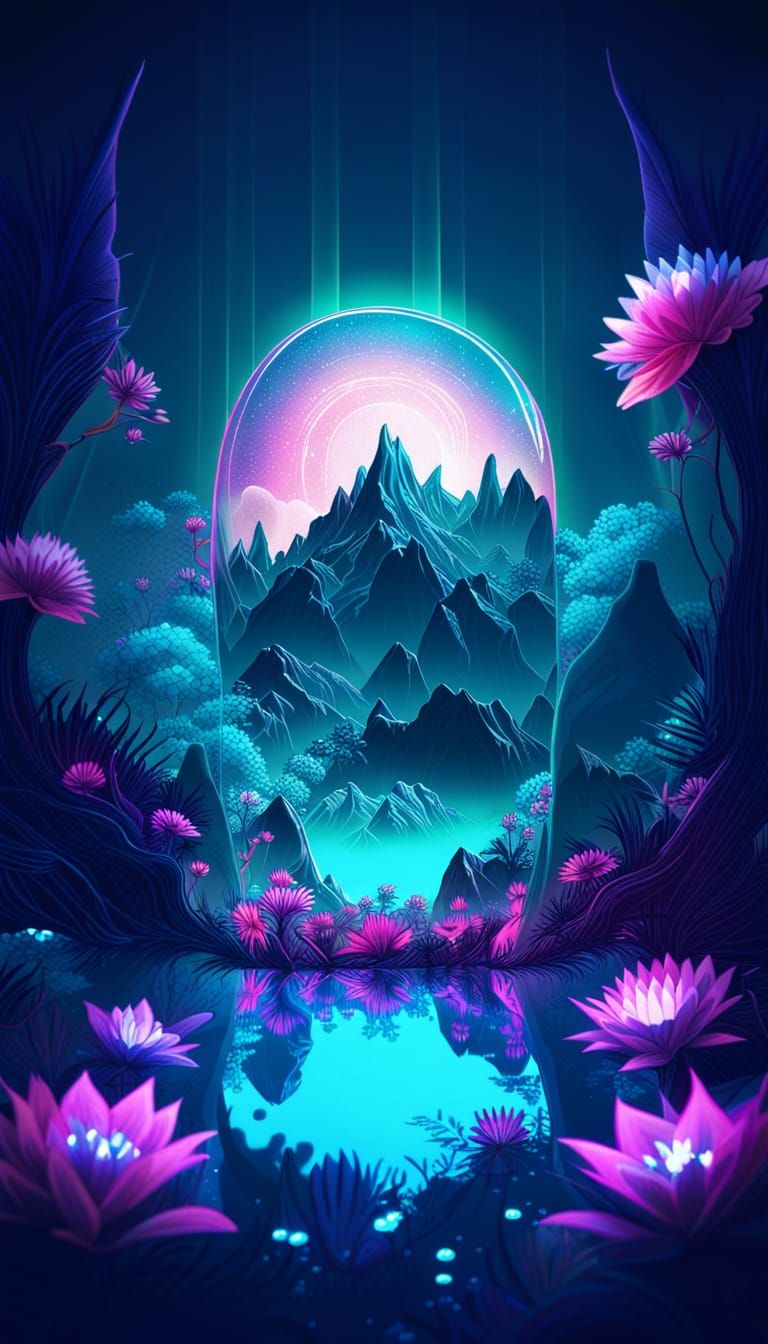 Bioluminescent Moon Over Primordial Mountain Landscape