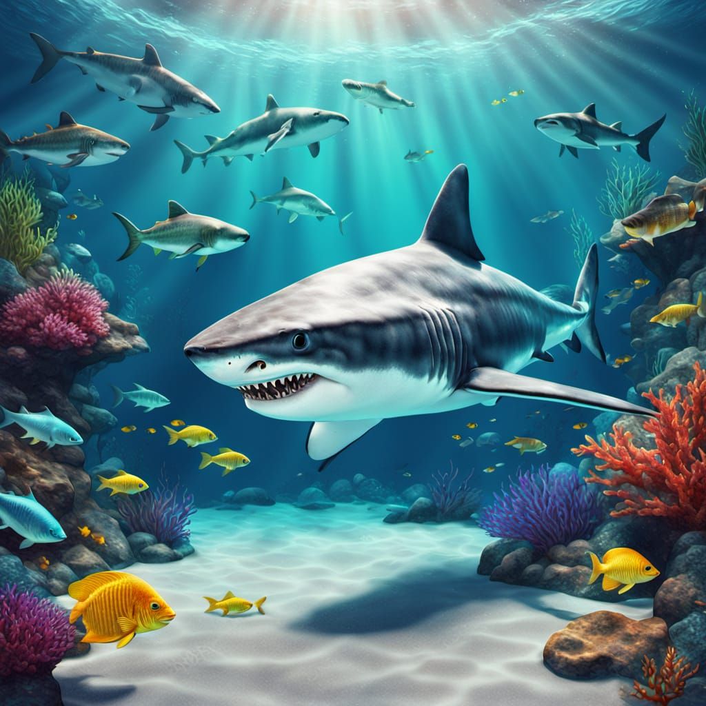 Vibrant Underwater Shark and Fish in Digital Art