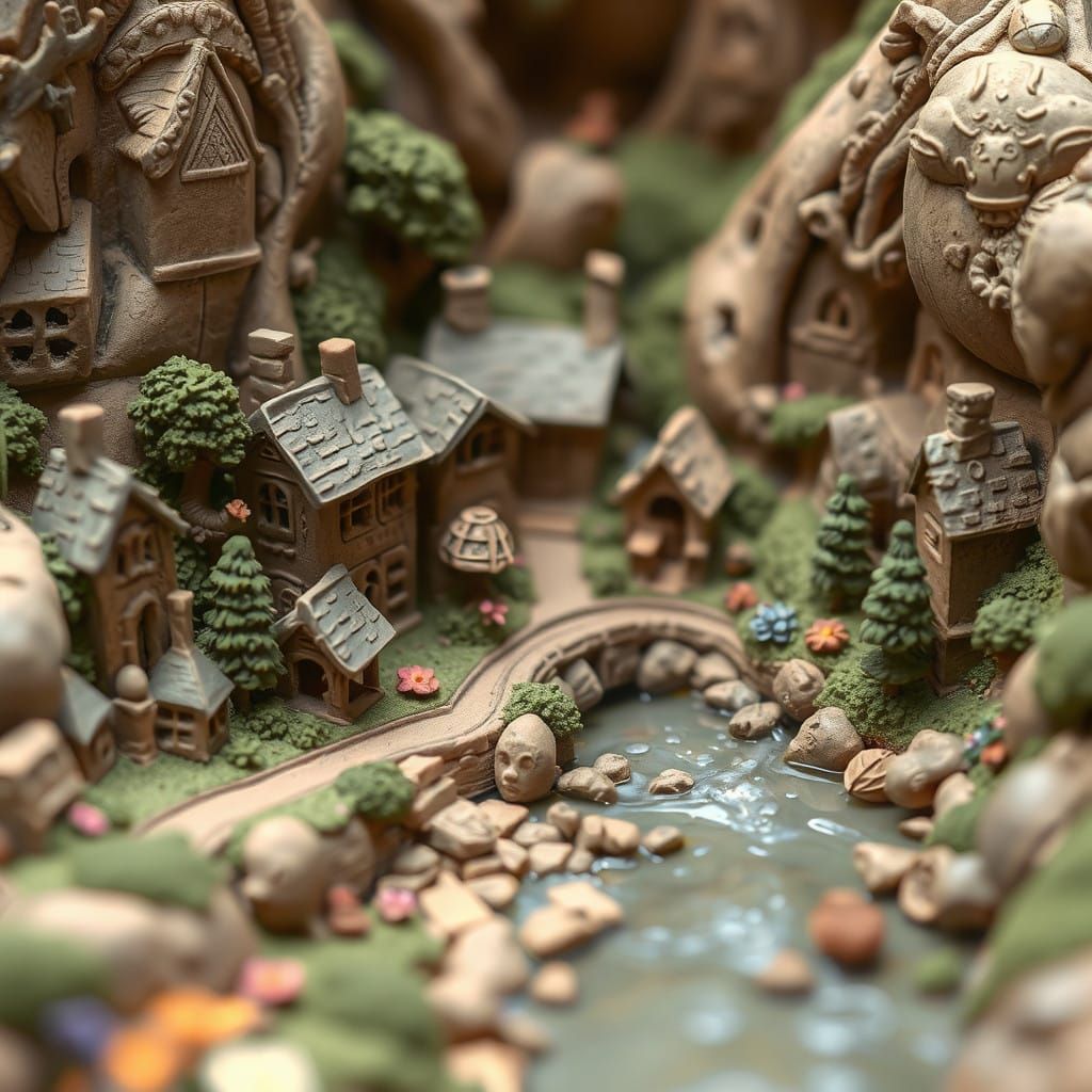 Delicate Hand-Sculpted Clay Village
