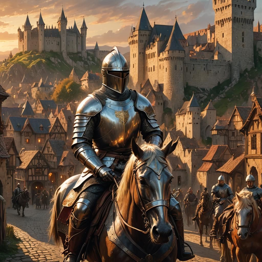 Knight Returns to Medieval Town: Hyperrealistic Concept Art