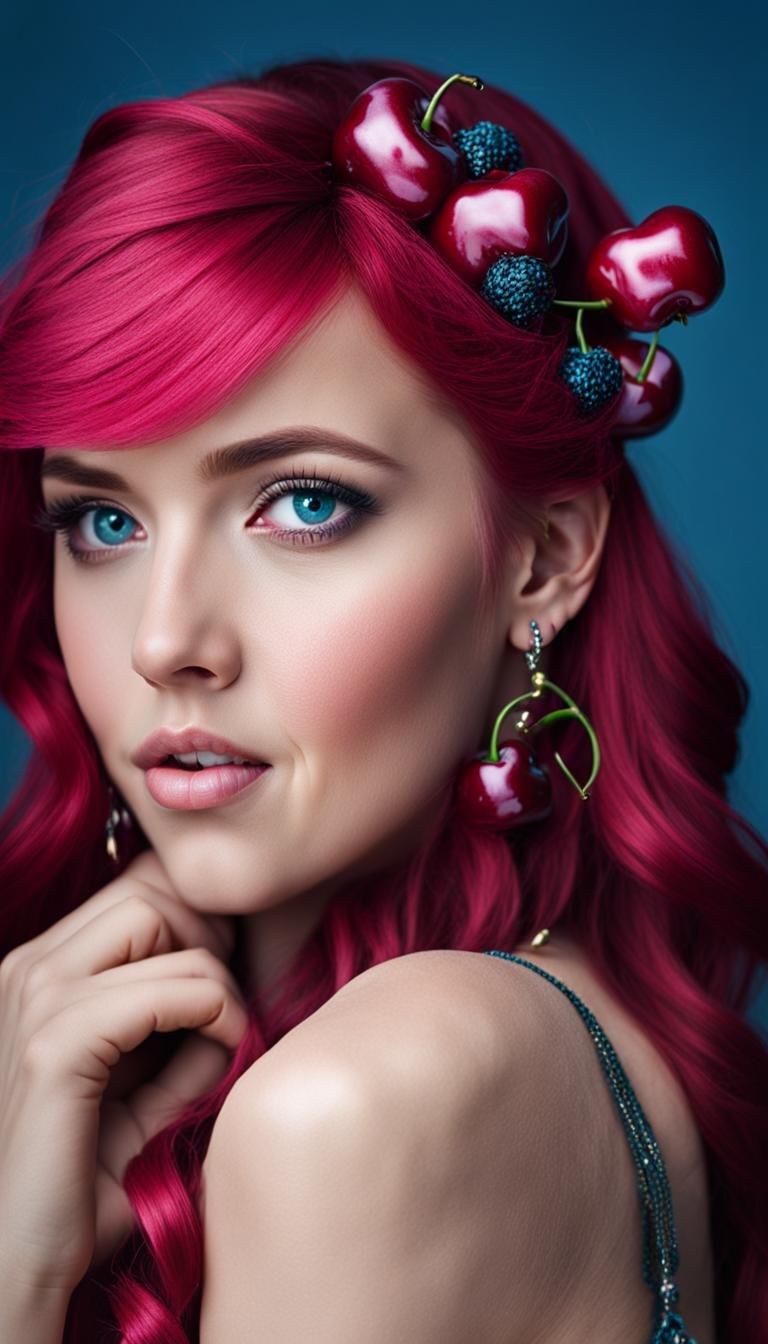 Stunning Woman with Pink Hair and Cherry Earrings