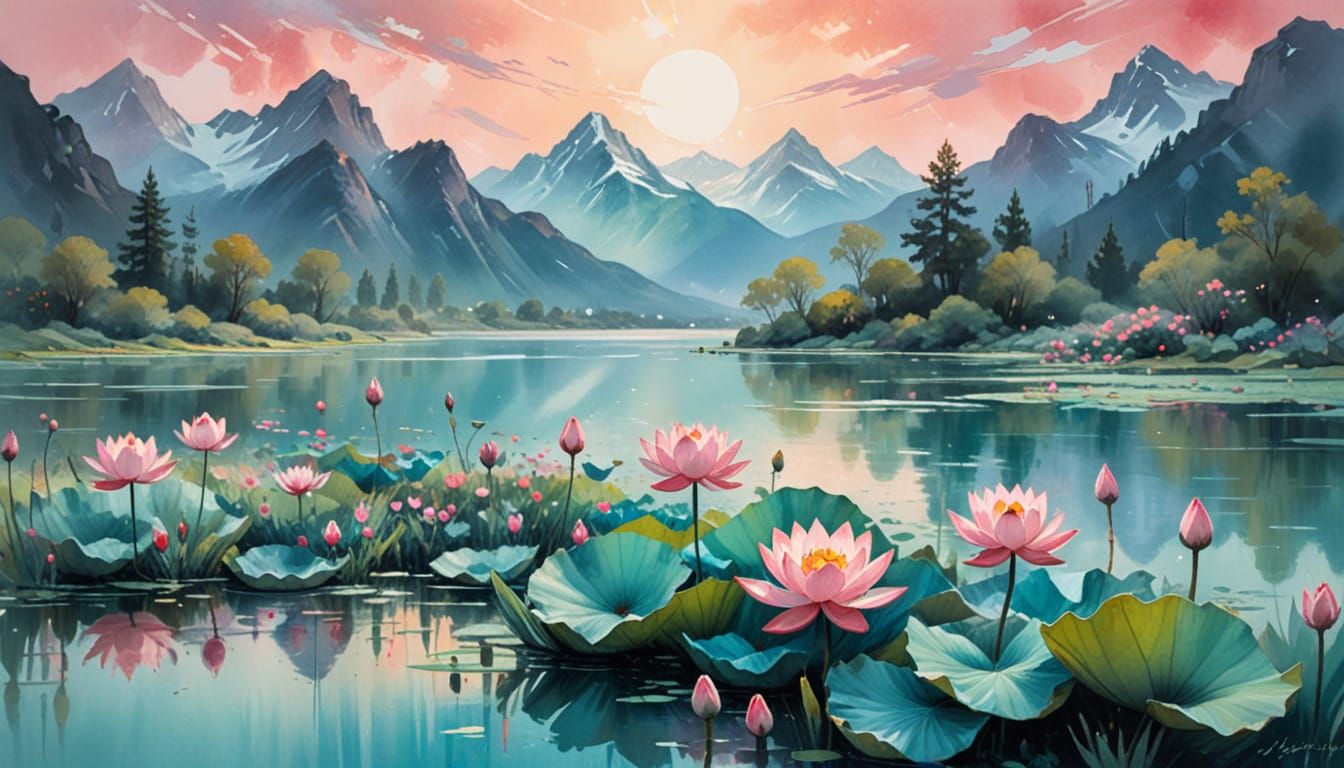 Hazy Mountain Landscape with Lotus Flowers in Gouache Style
