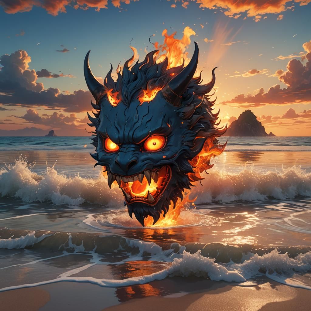 Fiery Devil Head on Beach in Ghibli Style