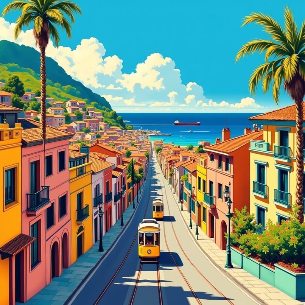 Whimsical Coastal Cityscape in Vibrant Colors