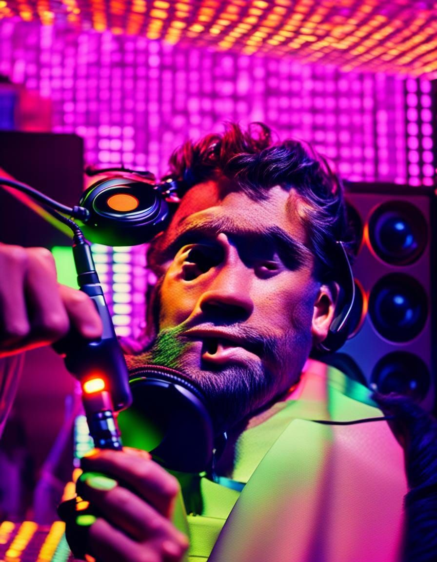 Hyperrealistic Funky DJ with Headphones and Microphone