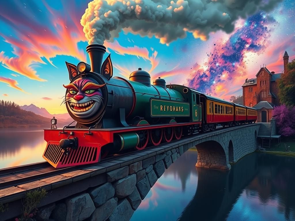 Cheshire Cat Train on Stone Bridge, Oil Painting