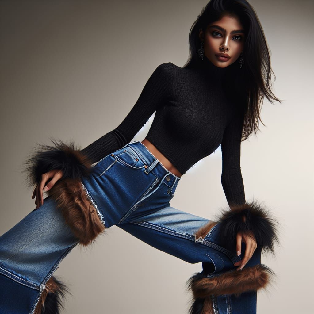 South Asian Model Showcases Fur-Lined Denim Jeans