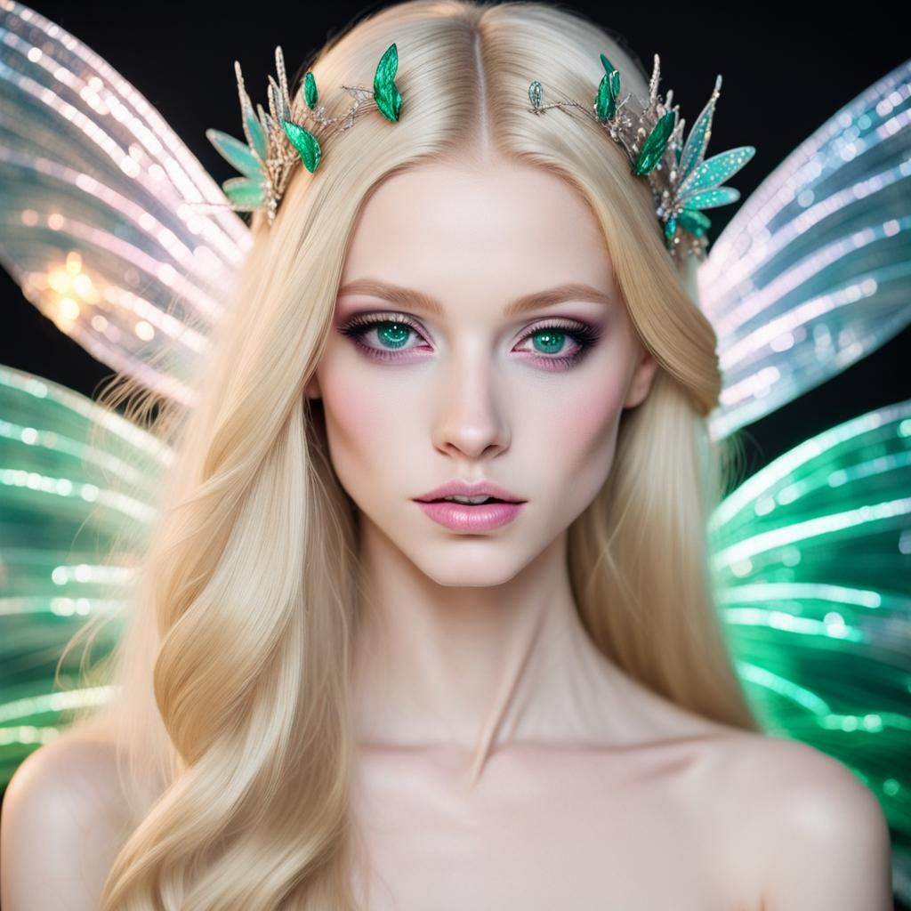 Blonde Woman with Holographic Fairy Wings
