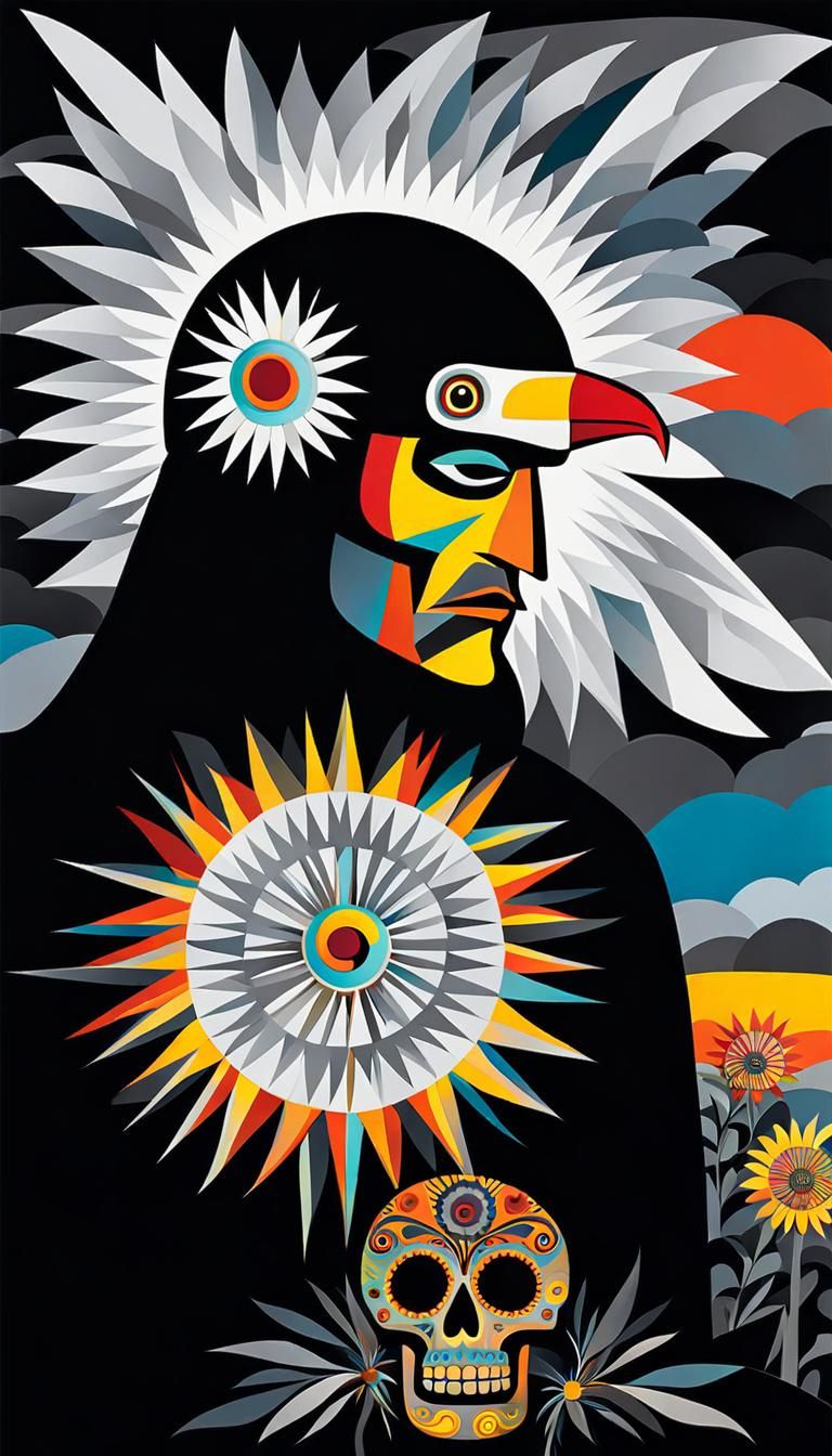 Native American Thunderbird  in  flight,  sun,   Azteca, dra...