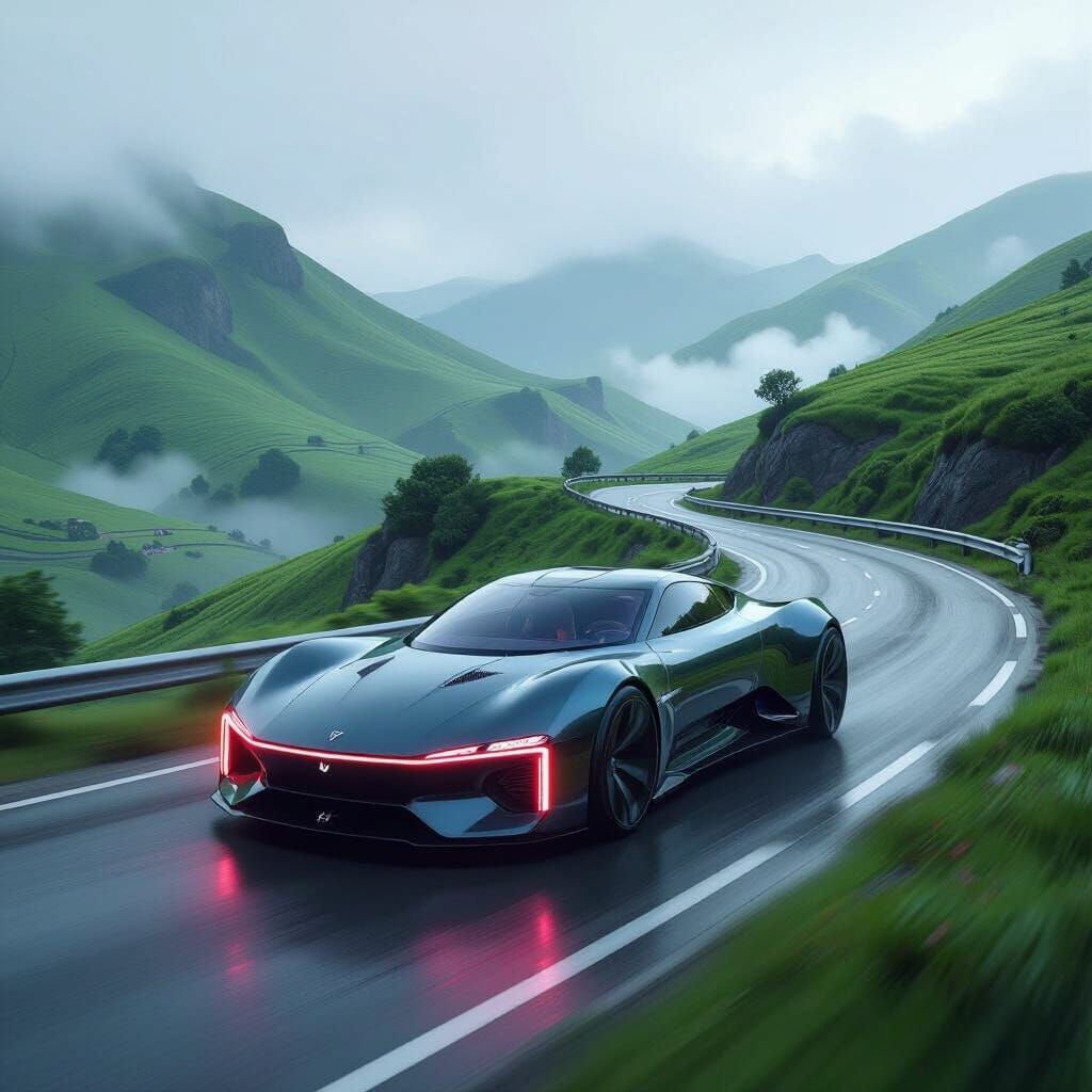 Futuristic Car Speeding Through Misty Landscape