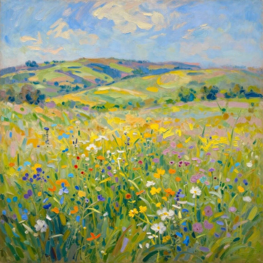 Vibrant Wildflower Meadow in Golden Hour Oil Painting Style