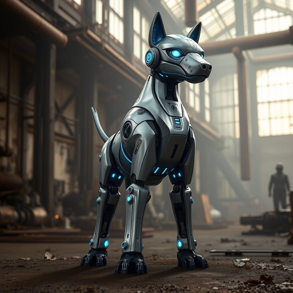 Cyberpunk Chinese Robot Dog in Abandoned Industrial Setting