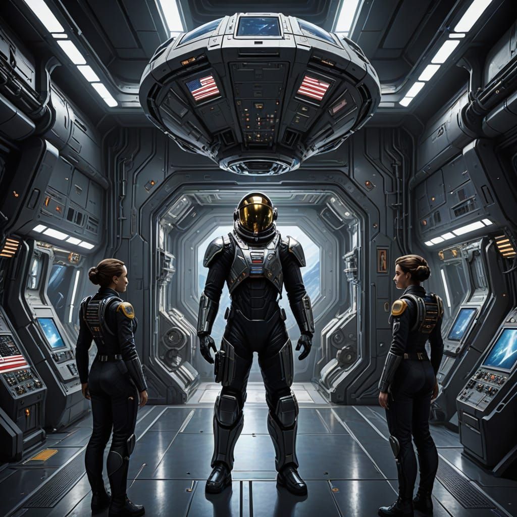 Sleek Futuristic Spacecraft in Military Hangar Awaits Missio...