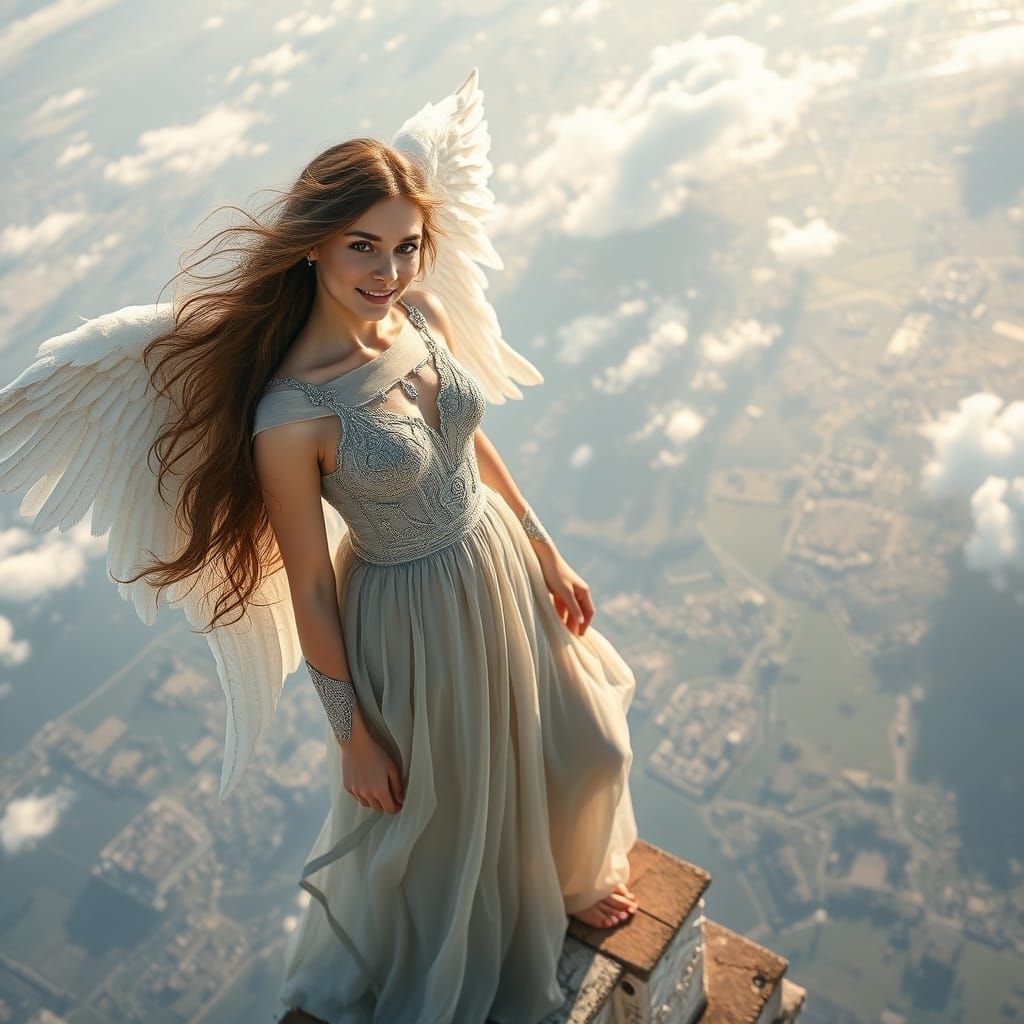 Serene Angel Looks Down from Tower's Height