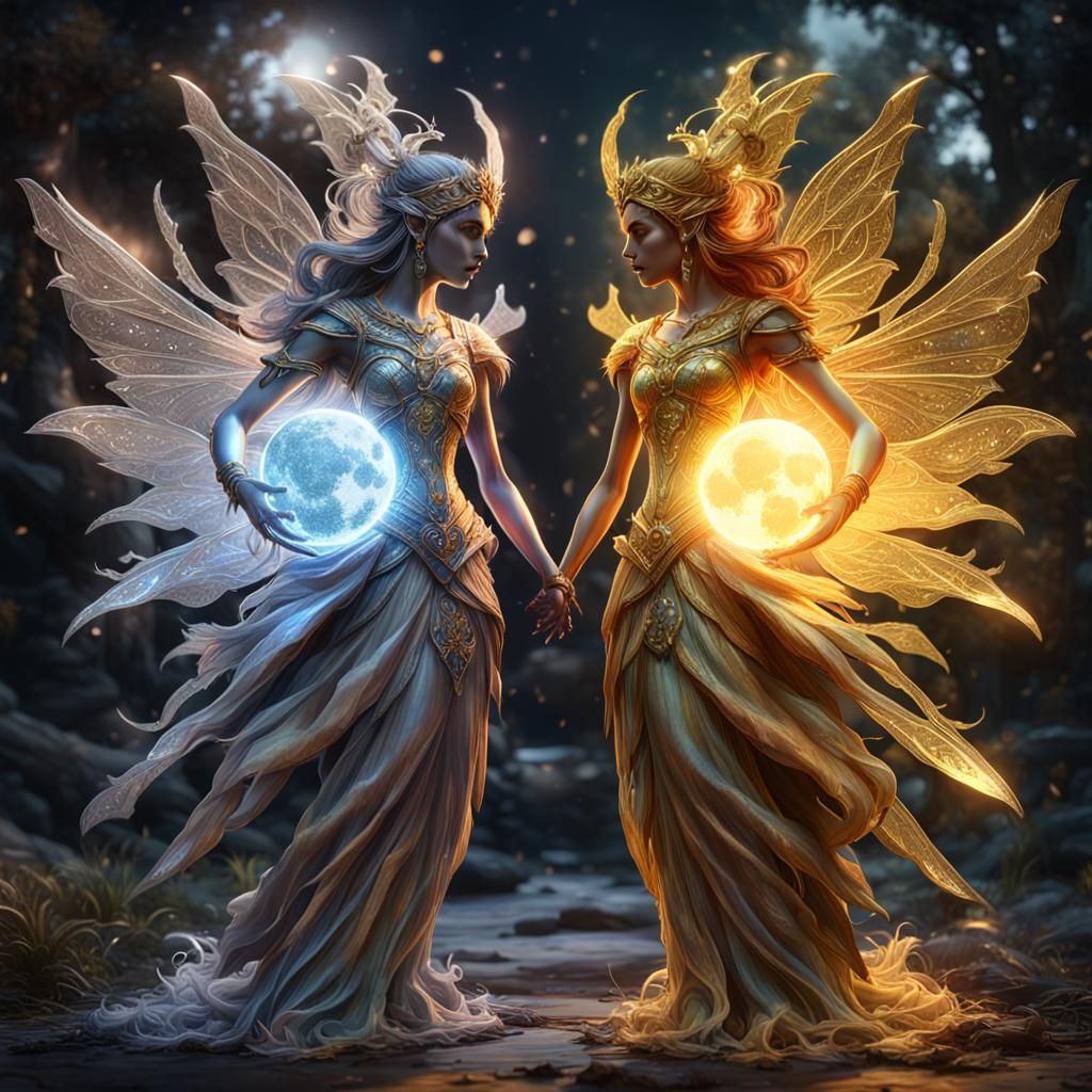 Sun and Moon Fairies Duality in Artstation Style