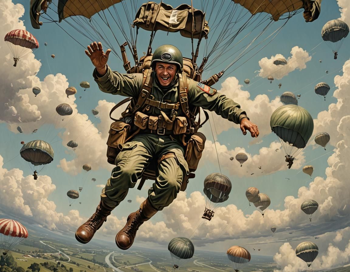 WWII Paratrooper in Air, Vintage Pin-Up Art