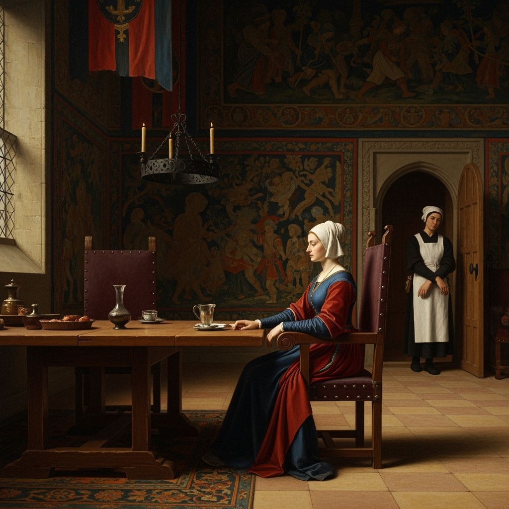 Medieval Woman in Castle Hall, Oil Painting Style
