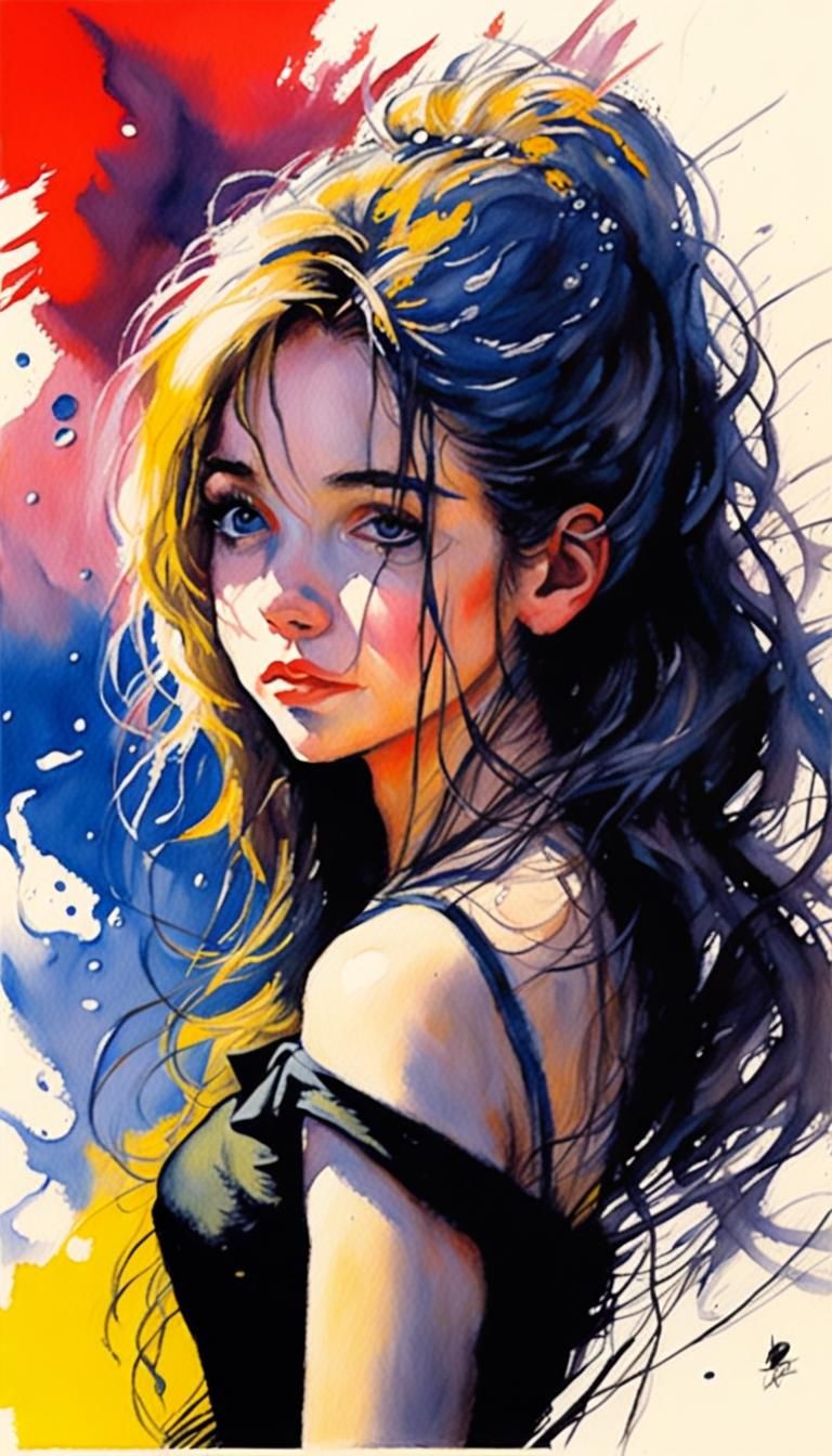 Romantic Film Noir Portrait in Acrylic and Watercolor