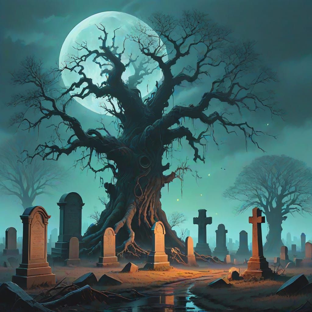 Ethereal Specter Wafts Through Moonlit Graveyard