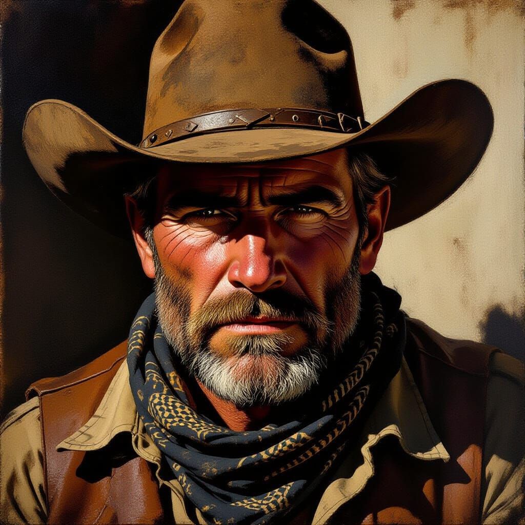 Weathered Western Bandit Portrait in Realistic Oil Style