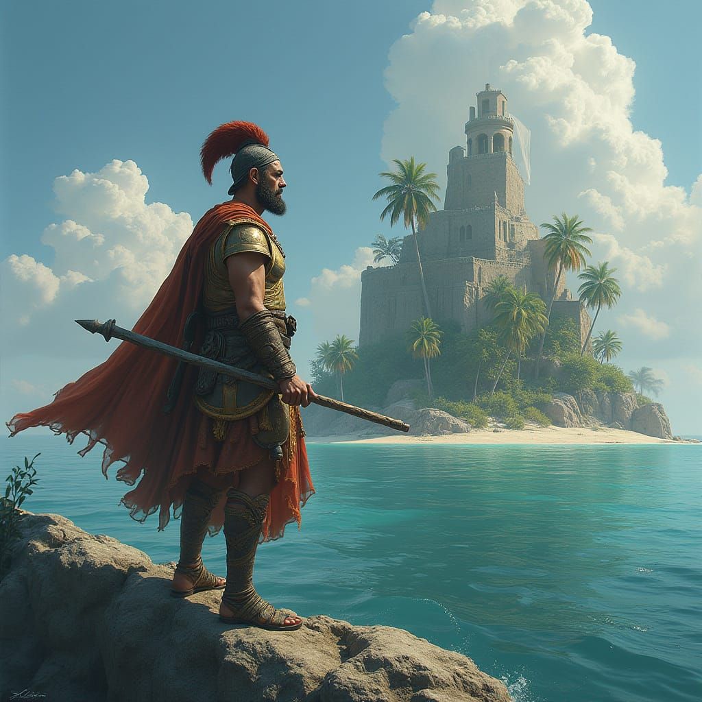 Greek Warrior Commander Stands on the Bow of a Warship Near ...