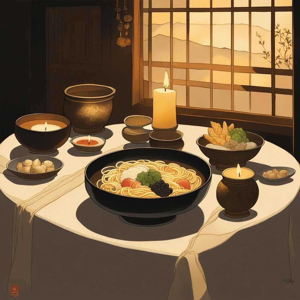 Ramen Still Life in Candlelight: Matte Painting