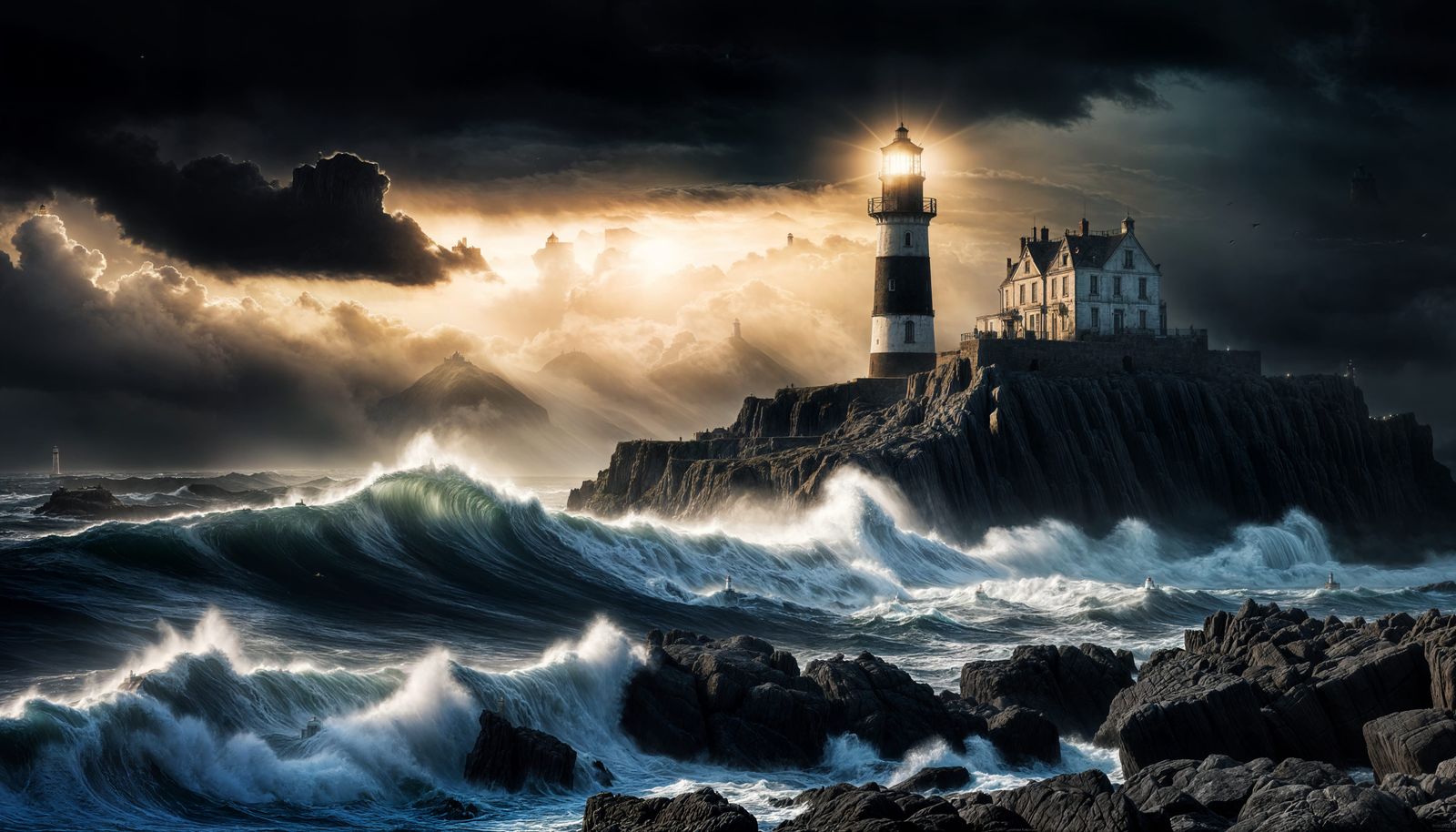 Misty Lighthouse Beacon Amidst Stormy Seas