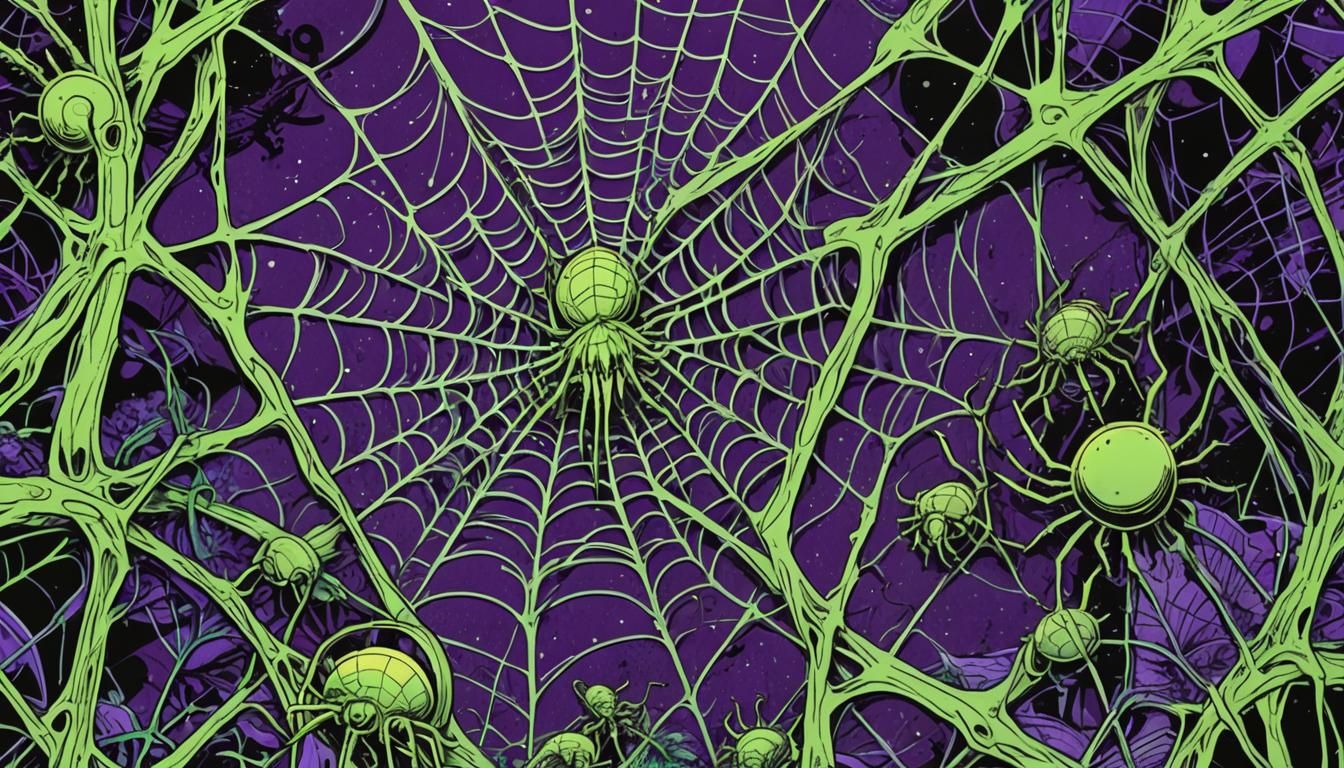 Giant Spiders Weaving Webs in Neon Noir Comic Art
