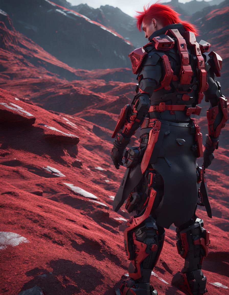 Futuristic Ninja with Katana in Sci-Fi Mountain Scene