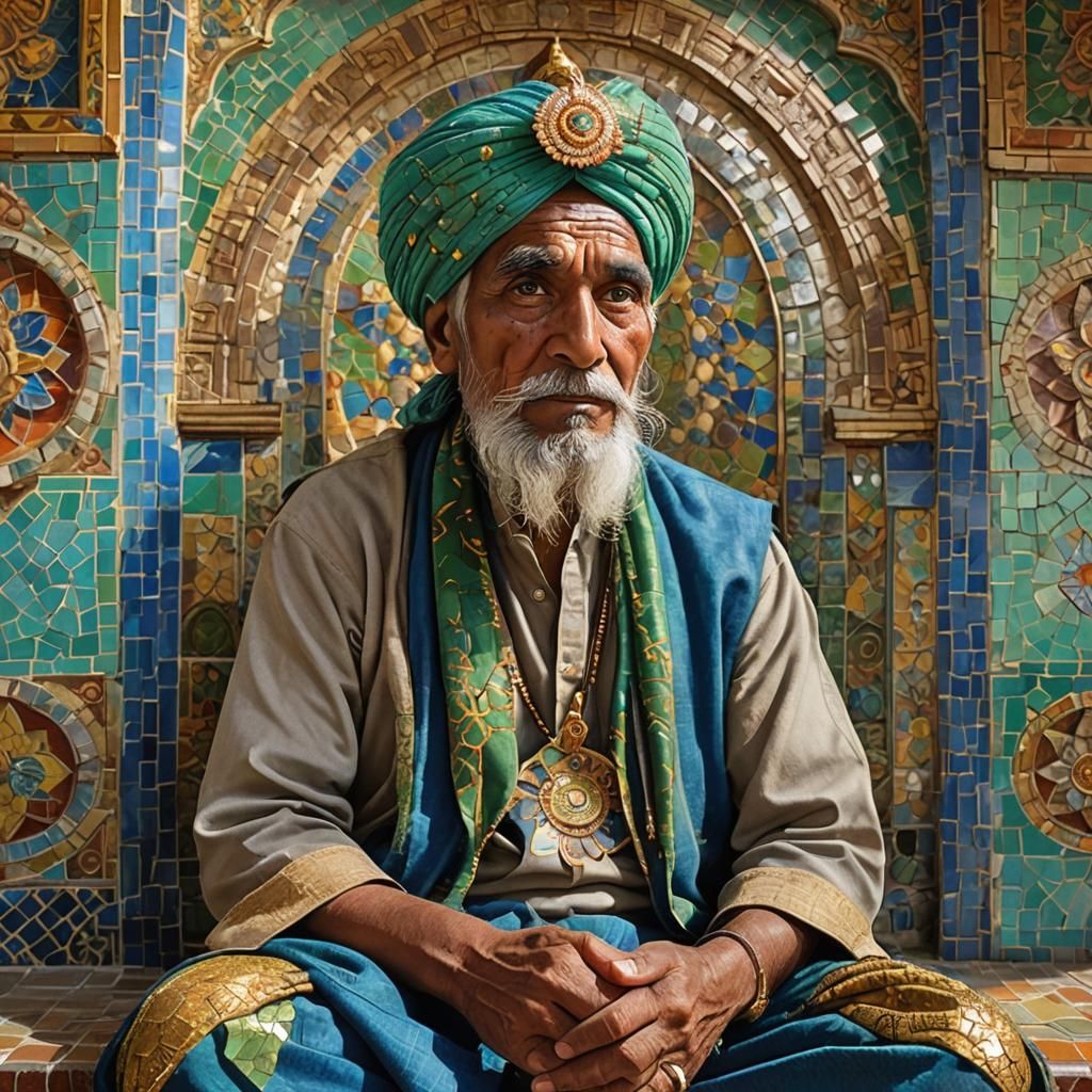 Mosaic Portrait of Indian Man in Temple