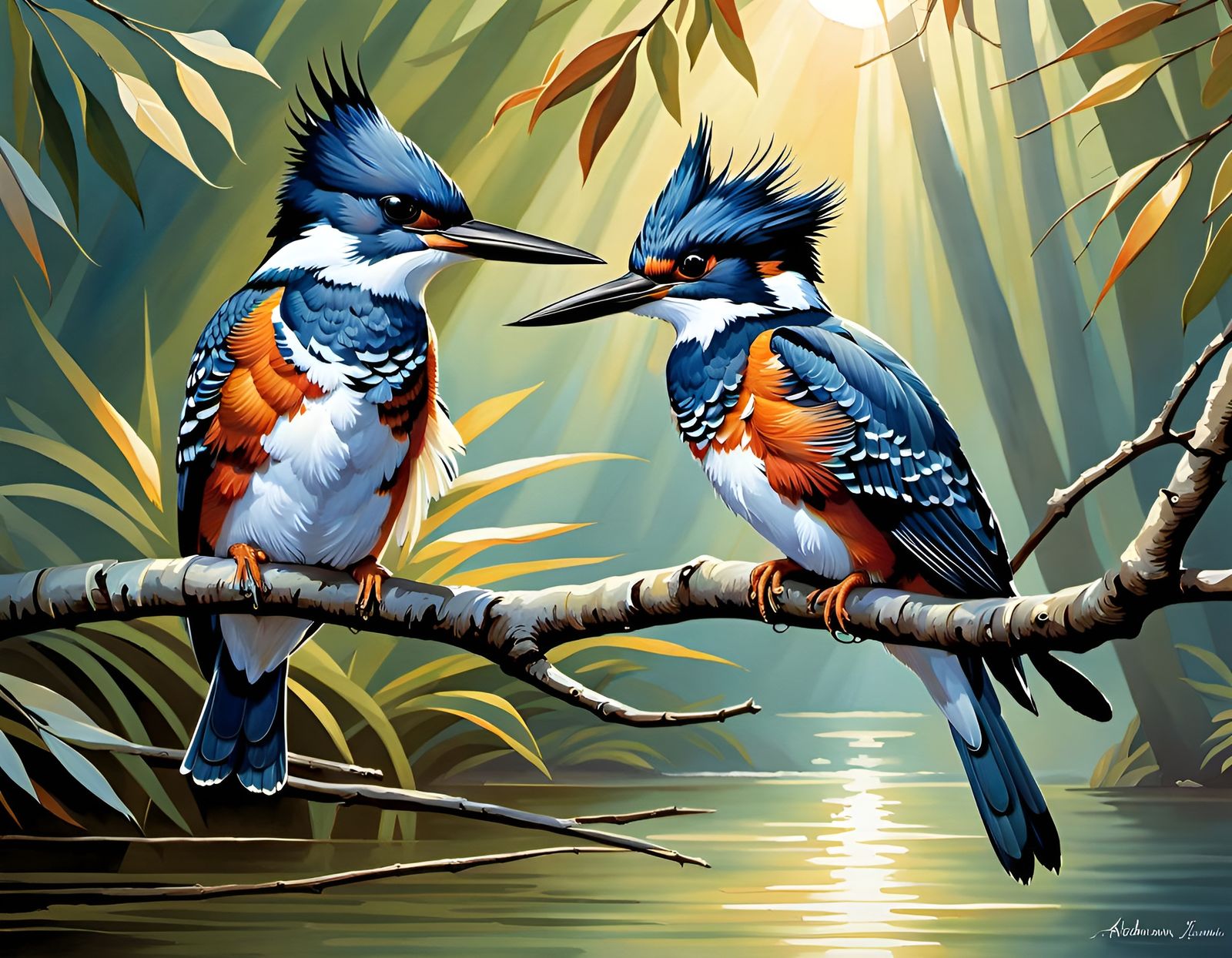 Belted Kingfishers in Morning Sun: Watercolor Painting