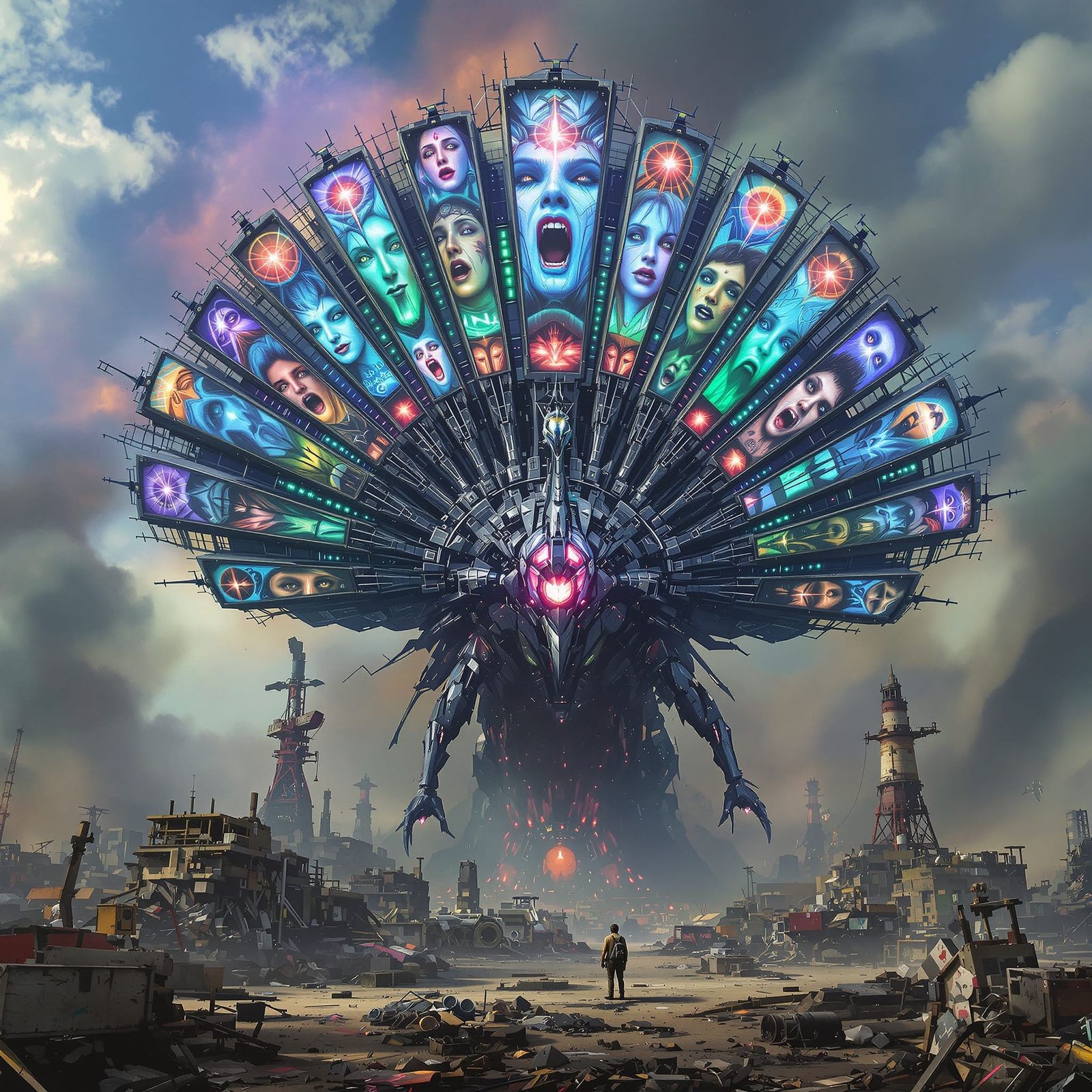 Mechanical Peacock Towers Over Scrapyard City
