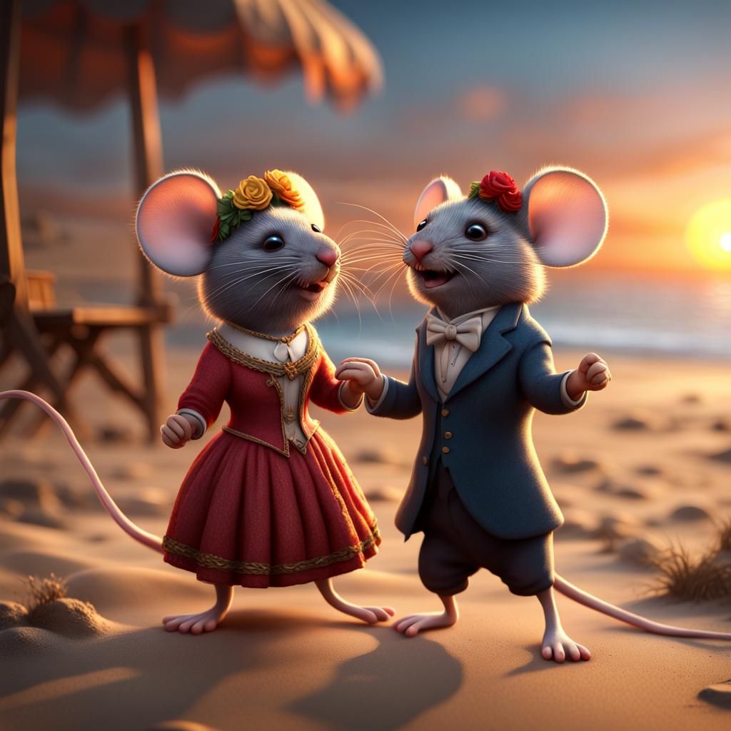 Mouse Couple Dancing on Beach at Sunset, 3D Render
