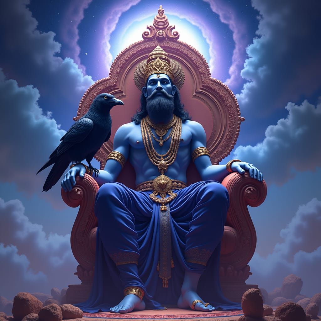 Shani Dev on Throne with Crow: Fantasy Art