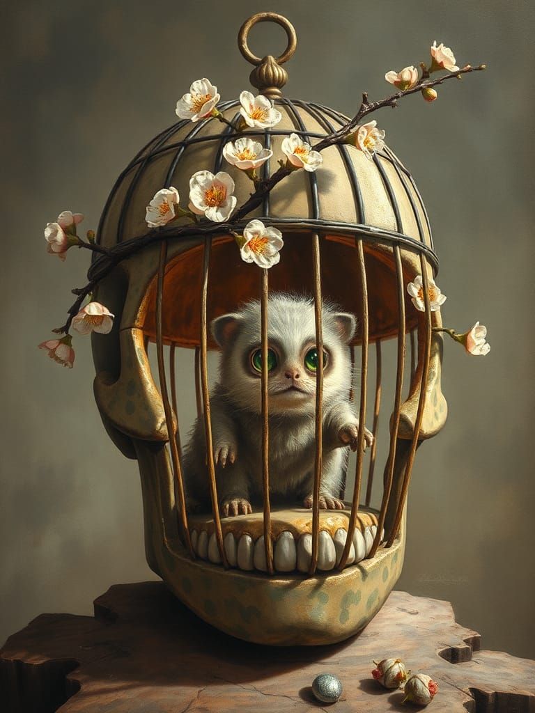 Surreal Skull Cage with Blooming Branch, Oil on Canvas
