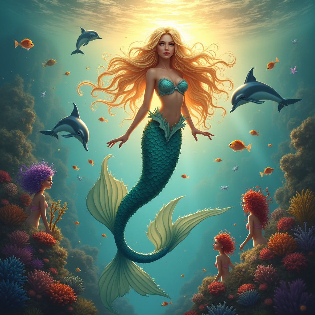 Radiant Mermaid with Dolphins in Fantasy Seascape