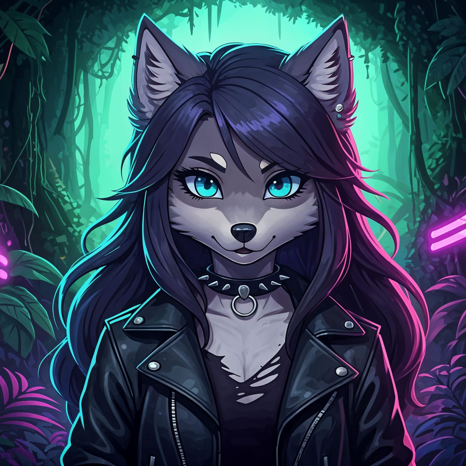 Anime She-Wolf in Rainforest with Neon Lights