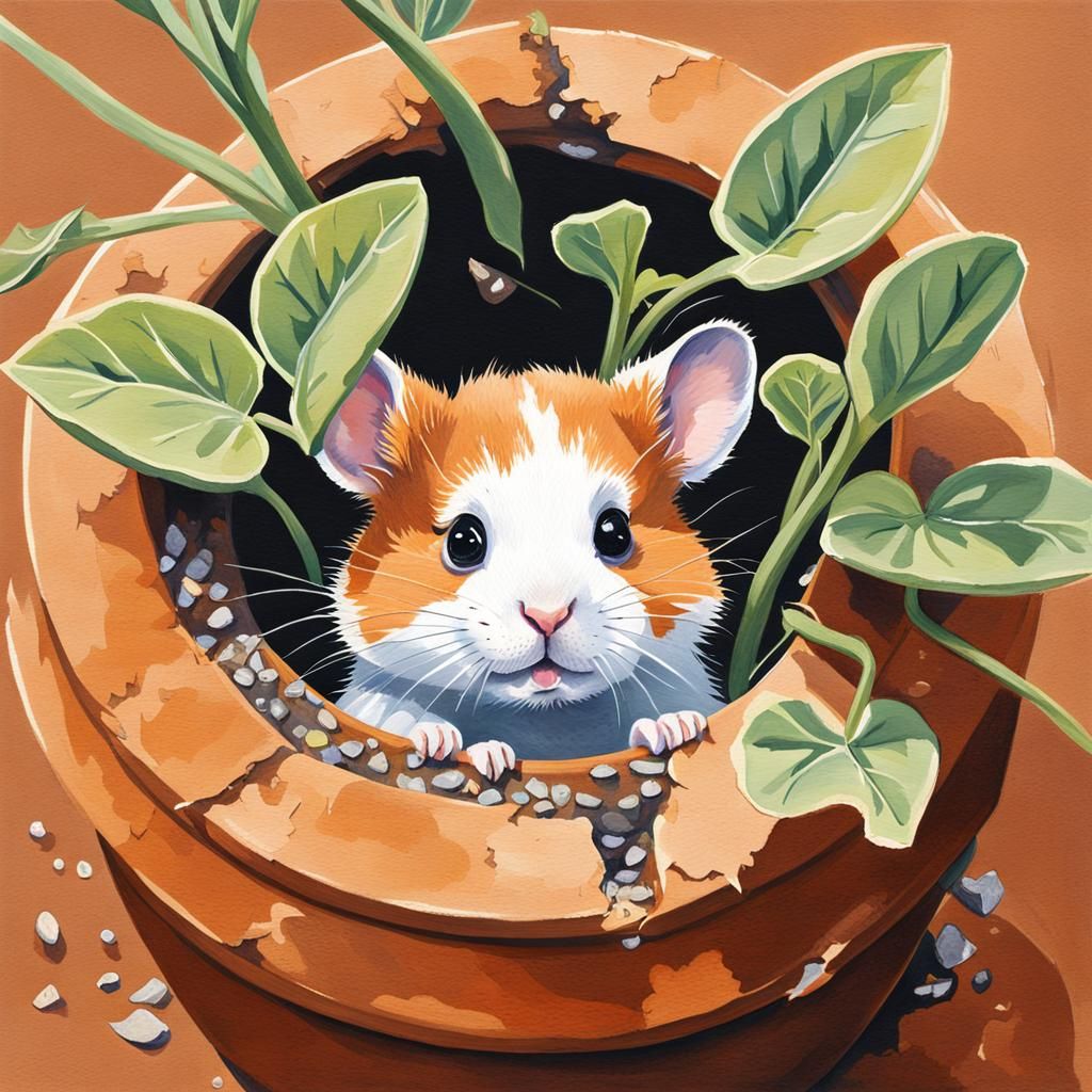 Hamster in Broken Pot: Gouache Painting