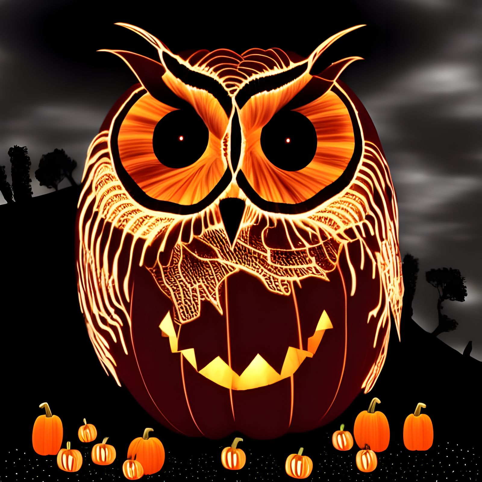 Halloween Owl Portrait in Pumpkin Patch