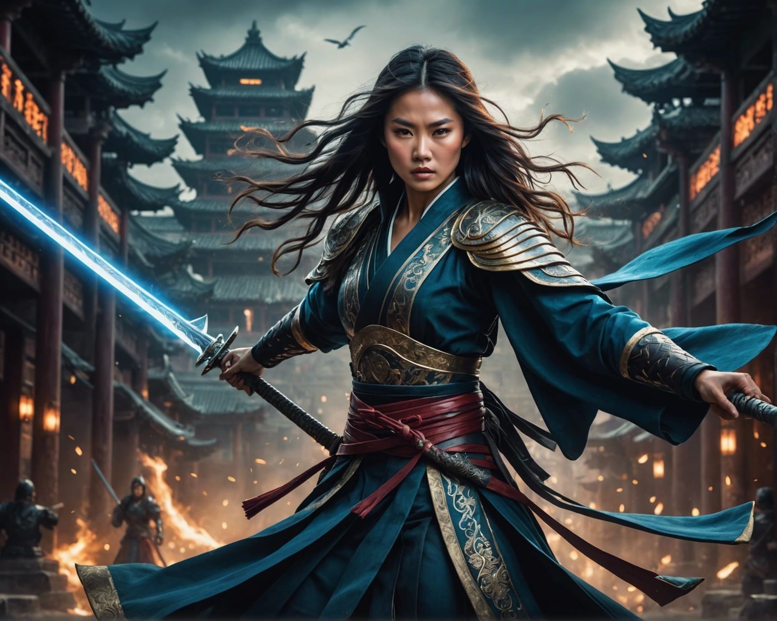 Asian Warrior Woman in Action with Glowing Swords