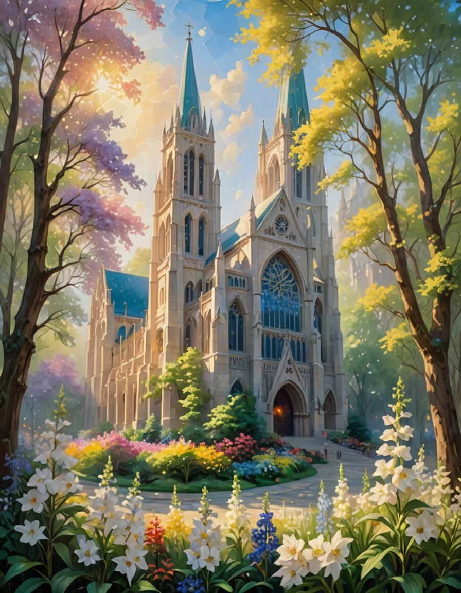 Ethereal Cathedral with Larkspur in Impressionistic Style