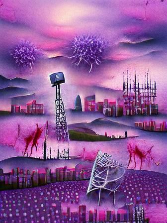 Infected Cityscape with Radio Tower and Pink Sky